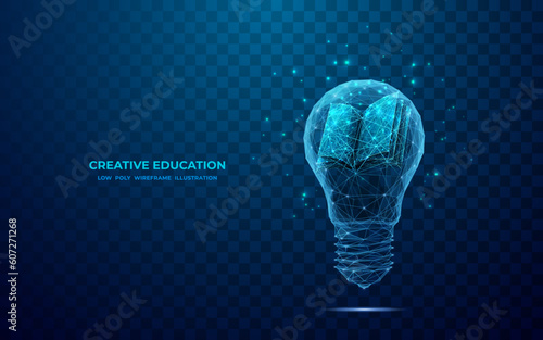  An open book inside a light bulb. Creative thinking concept. Back to school digital illustration. Abstract low polygonal style. Education vector illustration isolated on blue technology background. 
