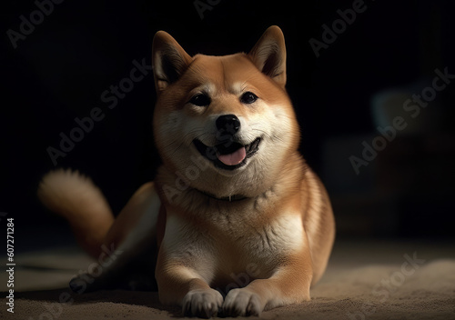an shiba nigai is sitting on the ground and is smiling © Tn