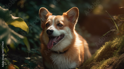 Corgi pies uśmiech i szczęśliwy w słoneczny letni dzień