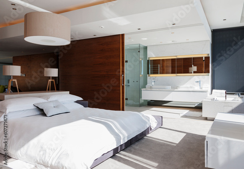 Bedroom and en suite bathroom in modern house © KOTO