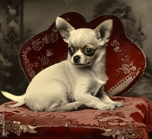 cute chihuahua puppy lying near a red heart cushion  in the style of poodlepunk