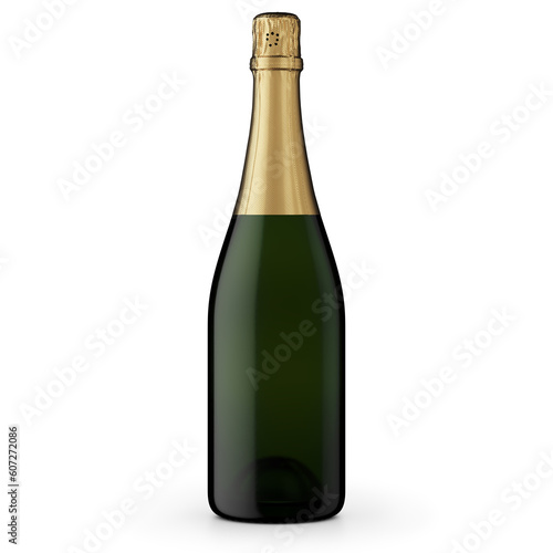 3d illustration of a Cava Bottle with dark glass and gold capsule. White background with shadow. No label.