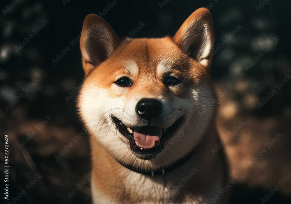 shiba dog in a collar standing in front of the camera, in the style of happycore