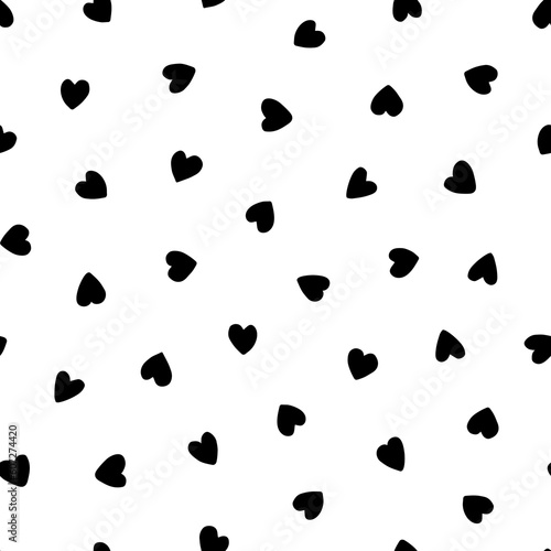 Heart seamless pattern. Repeating love background. Repeated scattered hearts for design prints. Scattering graphic motif. Repeat lattice. Randomly ornament. Decorative elements. Vector illustration