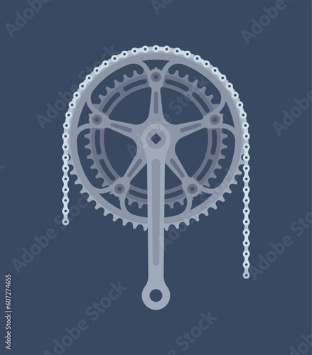 Vector colored bicycle crank with chain. Blue background.