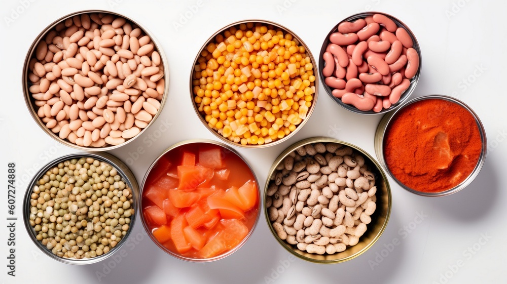 a collection of generic labelled food tins or cans for advertesiment or product placement Generative AI a collection of generic labelled food tins or cans for advertesiment or product placement Generative AI