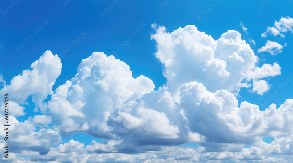 Wide angle view of white fluffy clouds in the blue sky Wide angle view of white fluffy clouds in the blue sky