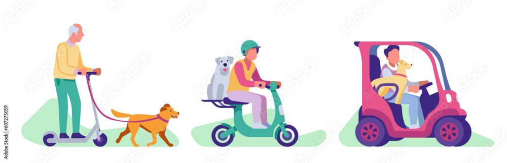 Active people walk their dog and ride scooter and electric car with their pets. Happy owner with pets on electric transport, walking in park, cartoon flat style isolated vector concept