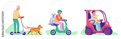 Active people walk their dog and ride scooter and electric car with their pets. Happy owner with pets on electric transport, walking in park, cartoon flat style isolated vector concept © VectorBum