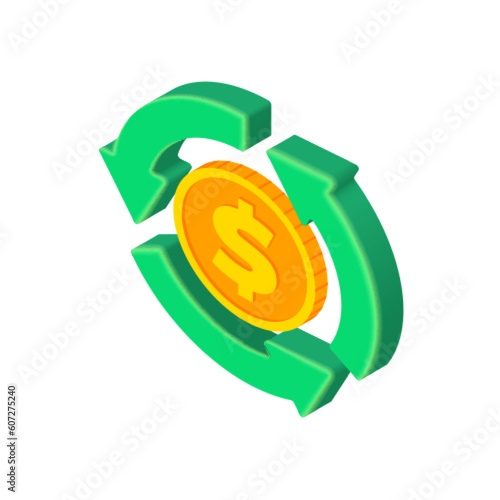 Isometric dollar exchange icon. Gold USA coin with circle arrows. 3d Vector Cash, american currency exchange, investment and banking concept, money exchange symbol with recycle arrows.