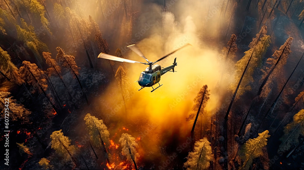 Fototapeta premium A helicopter puts out a forest fire. Generative AI.