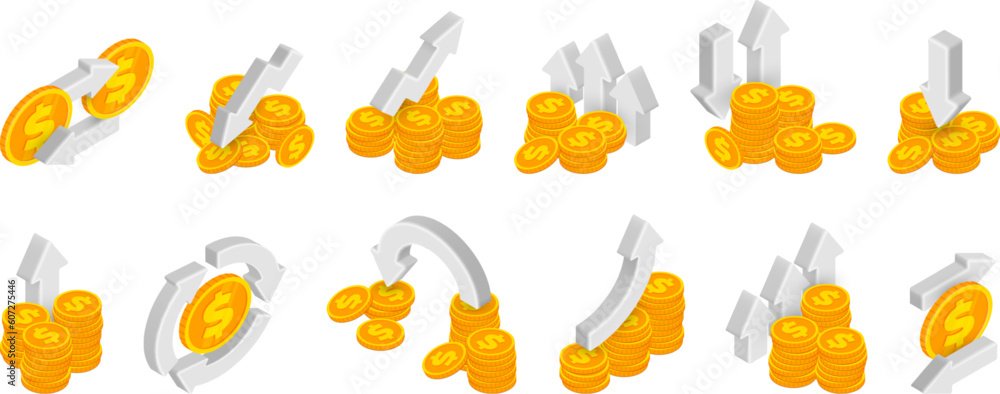 3d Isometric money transfer, cash back, dollar exchange, money saving concept. Vector investment and banking concept with dollar golden coins stack and arrows. Financial transaction icons for app, web 3d Isometric money transfer, cash back, dollar exchange, money saving concept. Vector investment and banking concept with dollar golden coins stack and arrows. Financial transaction icons for app, web