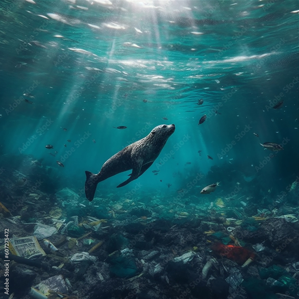 The sea lion swims underwater in the ocean among the debris. The concept of the problem of ecology. Generative AI. The sea lion swims underwater in the ocean among the debris. The concept of the problem of ecology. Generative AI.