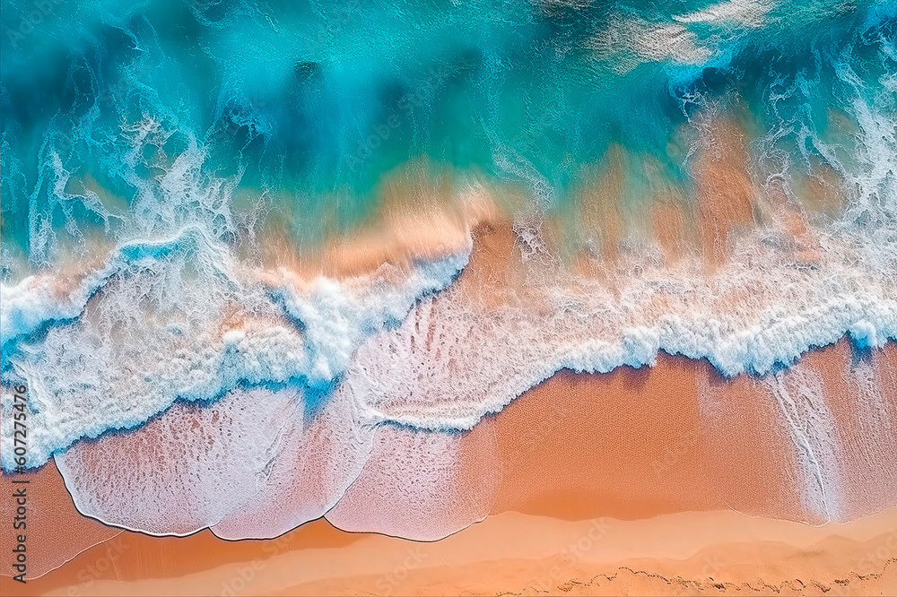 Aerial view of a beautiful sandy beach with turquoise ocean waves. Generative AI.