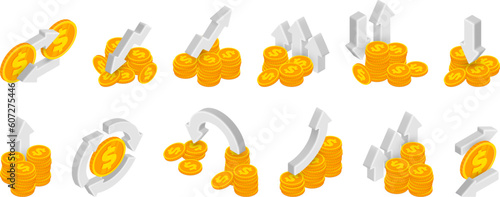 3d Isometric money transfer, cash back, dollar exchange, money saving concept. Vector investment and banking concept with dollar golden coins stack and arrows. Financial transaction icons for app, web