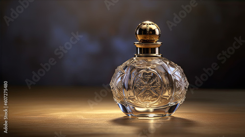 Perfume bottle on wooden table. 3d render illustration. Generative AI.