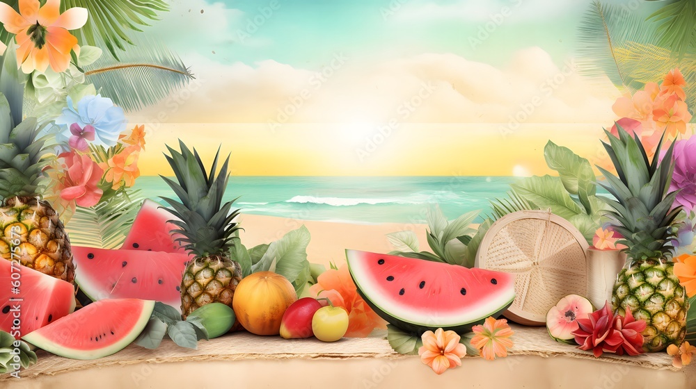 Obraz premium Summer background with watermelon and pineapple on the beach. Tropical beach summer background with fruits.