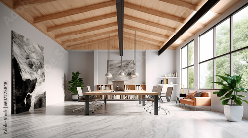 modern office with wood ceiling and grey furniture  in the style of white and beige  illusory images  matte background
