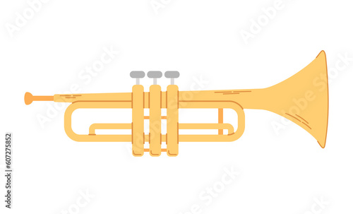 Golden trumpet illustration isolated on white background. Wind music instrument.