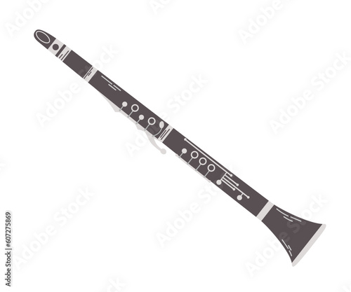 Clarinet flat cartoon illustration isolated on white background. Classical wind music instrument.