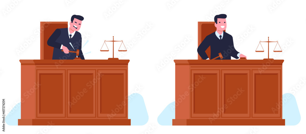 Angry judge taps gavel and joyful cheerful servant of law. Courtroom trial or tribunal. Male character make verdict in court. Cartoon flat style illustration. Vector law and justice concept