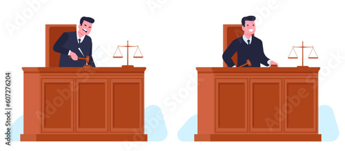 Angry judge taps gavel and joyful cheerful servant of law. Courtroom trial or tribunal. Male character make verdict in court. Cartoon flat style illustration. Vector law and justice concept
