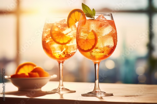 Two tall gin glasses with a spritz drink made of ice, soda and an Italian bitter lemon liquor, decorated with oranges photo