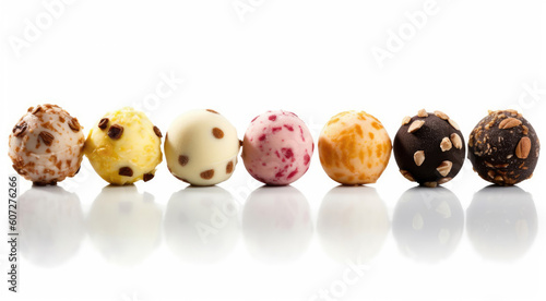 Colored balls of ice cream with nuts and chocolate chips in row, isolated on a white background