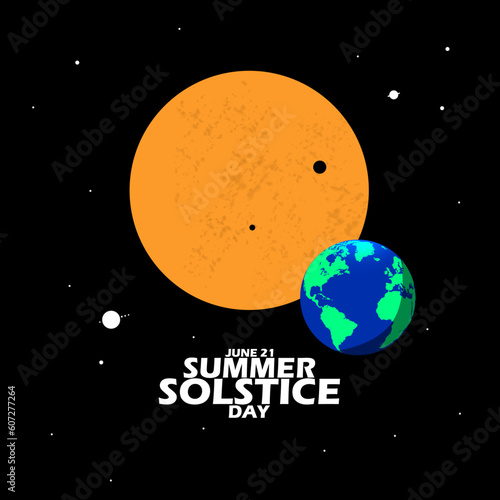 Illustration of a sun with earth, stars and bold text to commemorate Summer Solstice on June 21