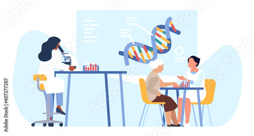 Blood lab, nurse takes blood sample from an elderly woman. Doctor examines biomaterial in laboratory, hospital or clinic procedure, health checkup. Cartoon flat isolated vector concept