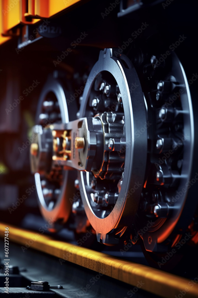 A close-up photograph of the intricate details of a train wheel and ...