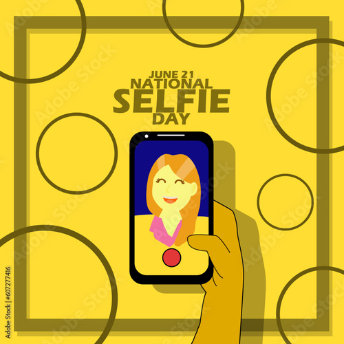 A cell phone being held by a person taking a selfie with bold text in frame on yellow background to celebrate National Selfie Day on June 21