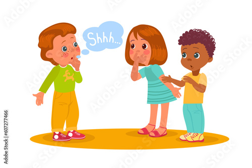 Boy makes gesture of silence or secrecy to his friends by putting his finger to his lips. Child show facial expression, no noise sign, keep secret cartoon flat isolated vector concept