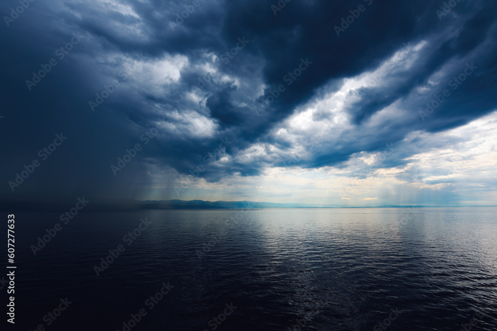 Rainy clouds over town of Rijeka in Croatia at the Adriatic sea coast, weather and climate background Rainy clouds over town of Rijeka in Croatia at the Adriatic sea coast, weather and climate background