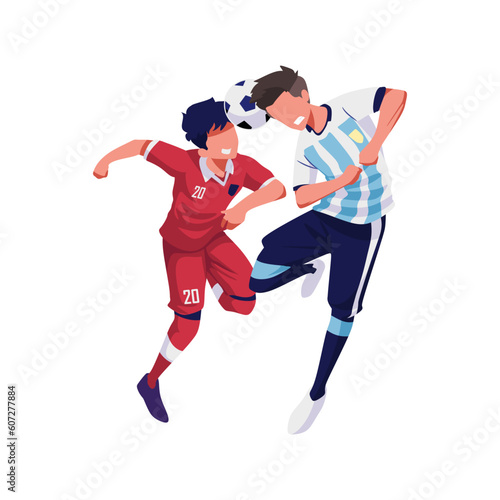 Illustration of a friendly match between Indonesia and Argentina, two players head the ball