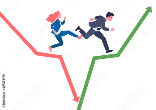 Businessmen man and woman jump over financial abyss. Falling down and growing arrows. Economical crisis and growth, cartoon flat isolated business illustration. Vector risk management concept