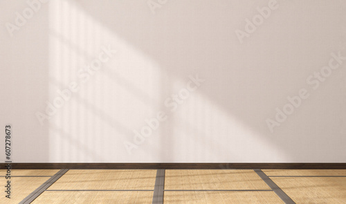 Photography Empty Japanese style room with tatami mat floor, wood shoji window in sunlight,