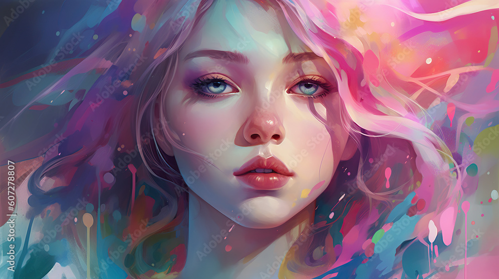 Colorful illustration, young girl with blue eyes, cartoon style Colorful illustration, young girl with blue eyes, cartoon style