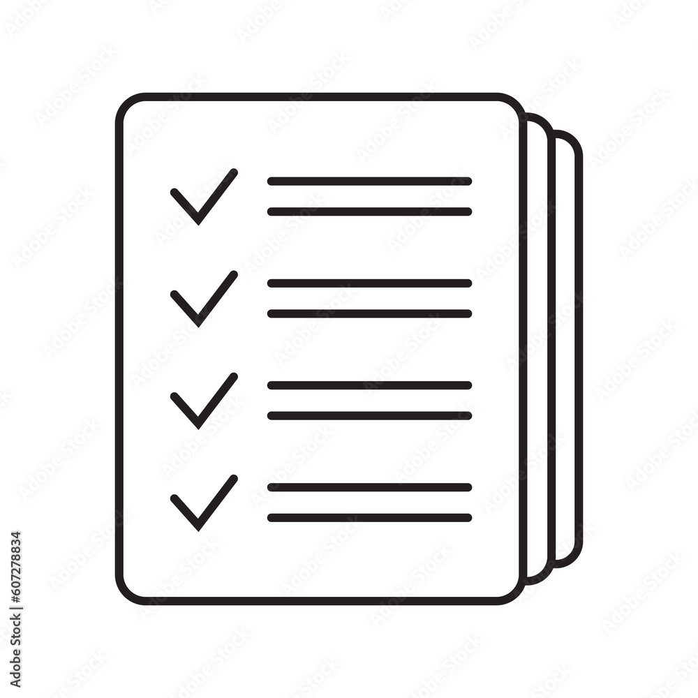 Checklist vector icon in line art style. Document icon, questionnaire icon. Text document vector icon, design element. Checklist vector icon in line art style. Document icon, questionnaire icon. Text document vector icon, design element.