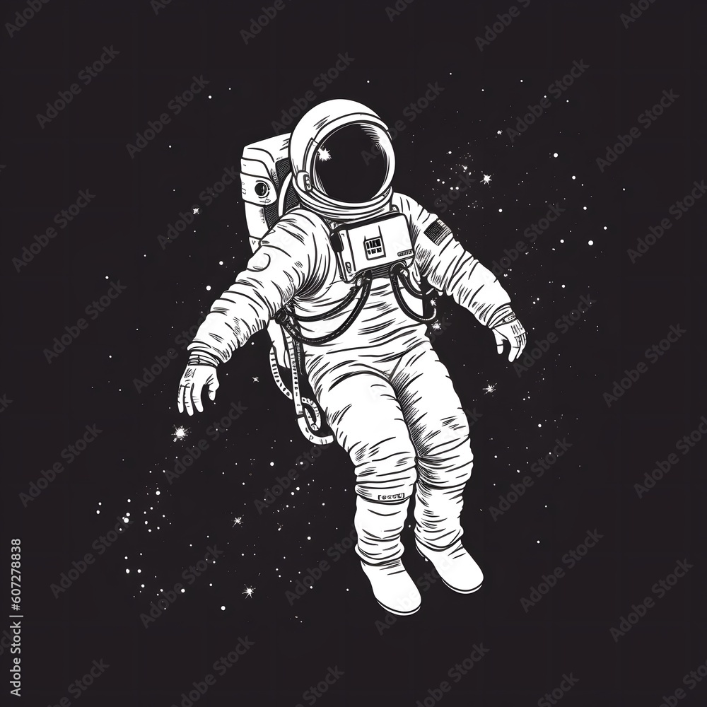 Black and white 2d illustration of astronaut in space Black and white 2d illustration of astronaut in space