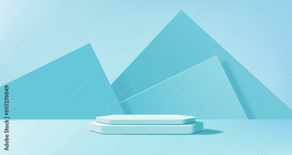 Light blue podium. Fashion showcase pedestal, studio showroom clean display podium or cosmetics product presentation stand realistic vector background. Exhibition gallery space platform - obrazy, fototapety, plakaty 