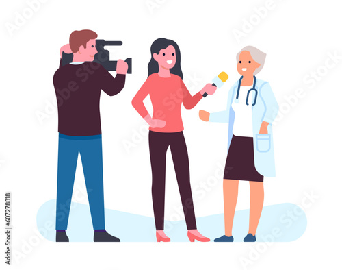 Cameraman and anchorwoman of news channel interview medical expert, doctor answers journalists questions. Report about health, press conference Cartoon flat style isolated vector concept