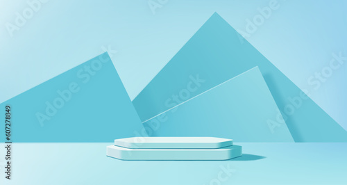 Light blue podium. Fashion showcase pedestal, studio showroom clean display podium or cosmetics product presentation stand realistic vector background. Exhibition gallery space platform