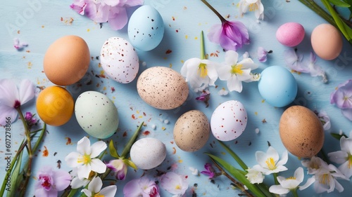 Easter composition with Easter eggs and spring flower Generative AI