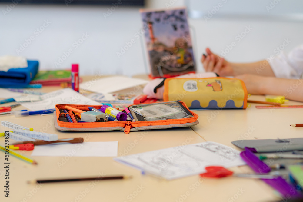 school supplies, stationery on school desk
