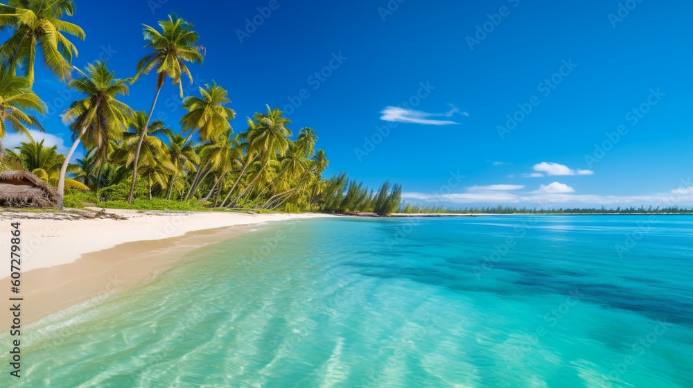 A serene tropical beach with crystal clear turquoise water, white sandy shores, and a row of tall palm trees swaying gently in the breeze. generative ai.