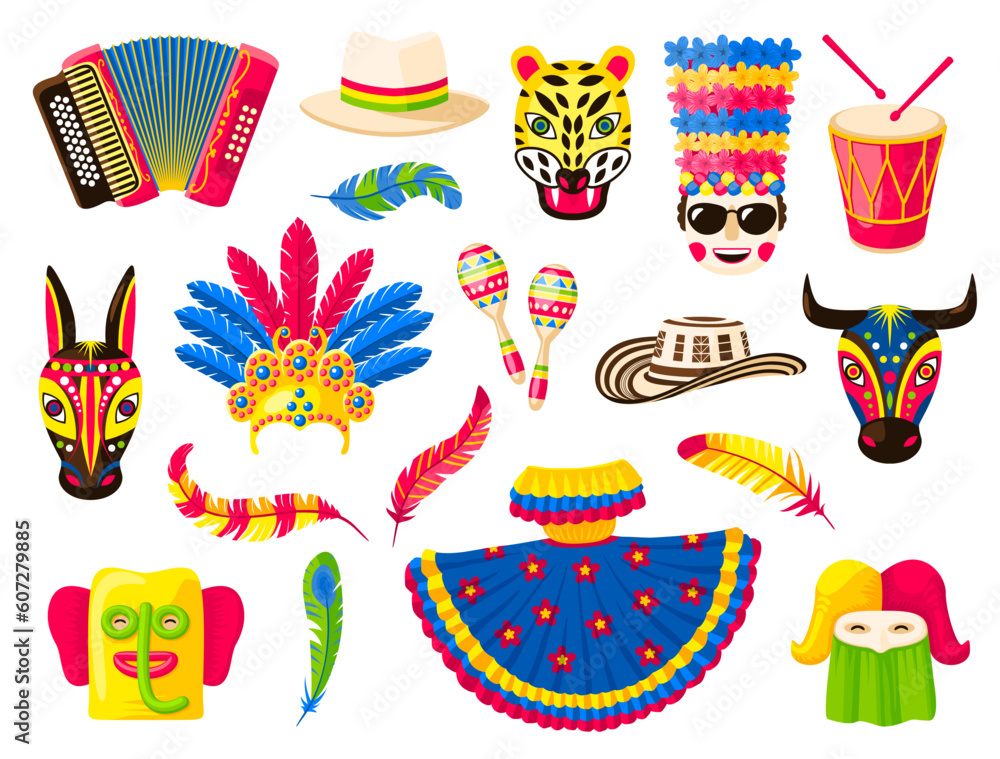 Barranquilla carnival holiday, isolated vector set of items for celebration. Animal masks, dress, costume, feather, crown, maracas, accordion, drum and hat. Traditional folk festivities cartoon icons - obrazy, fototapety, plakaty 