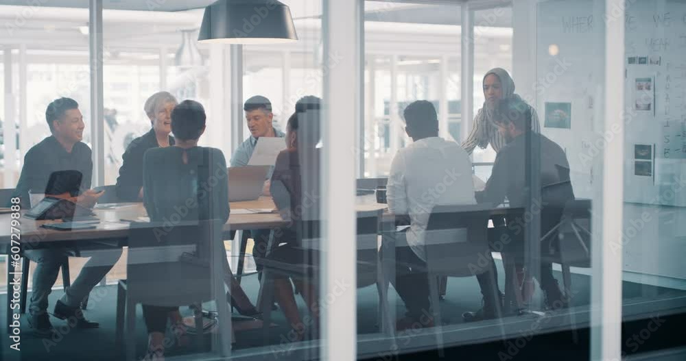 Planning, meeting and business people in a boardroom for collaboration and strategy in a seminar. Diversity, teamwork and a group of employees speaking in an office for ideas, training or a workshop