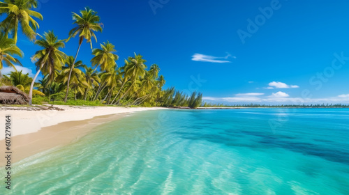 A serene tropical beach with crystal clear turquoise water, white sandy shores, and a row of tall palm trees swaying gently in the breeze. generative ai.