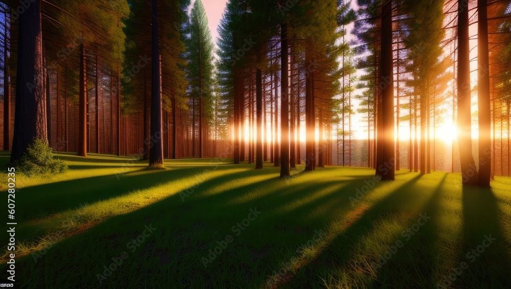 Obraz premium Art perfect view of the landscape of sunset golden hour the mountains and forest with trees and glade. Generative AI